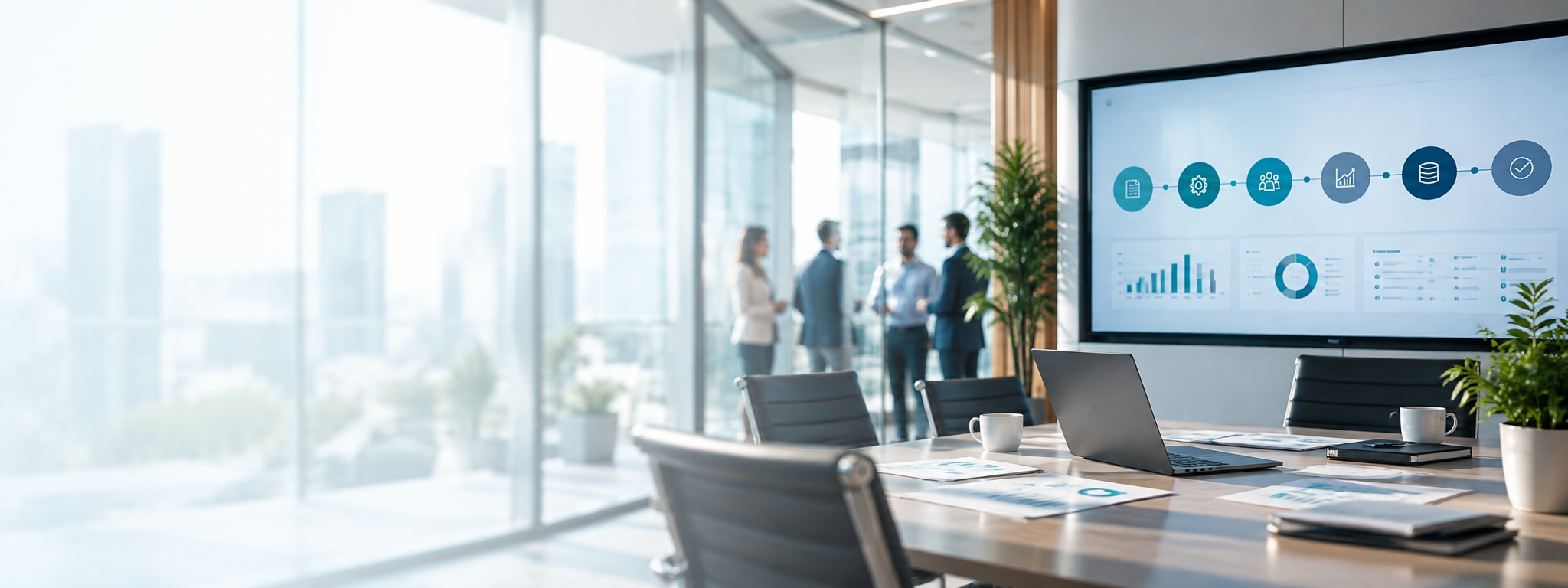 Business professionals in a modern boardroom reviewing SAP implementation lifecycle and process workflow on a large display screen