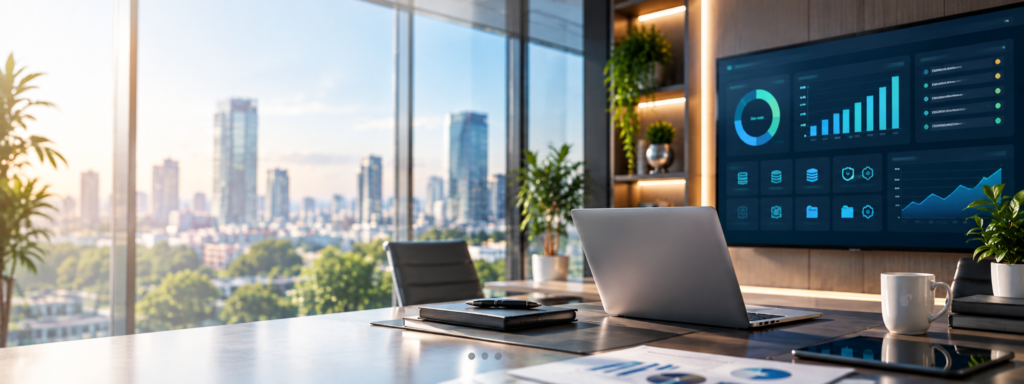 Executive office with city skyline view, laptop, and a large analytics dashboard screen displaying IT asset management charts and metrics