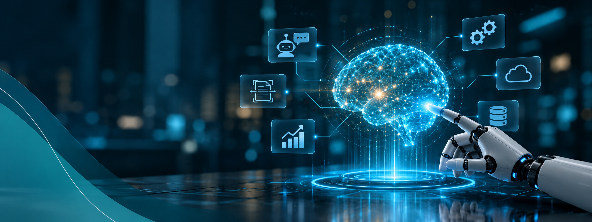 Robotic hand pointing at a glowing AI neural network brain with floating icons representing chatbots, document processing, analytics, cloud, and database automation